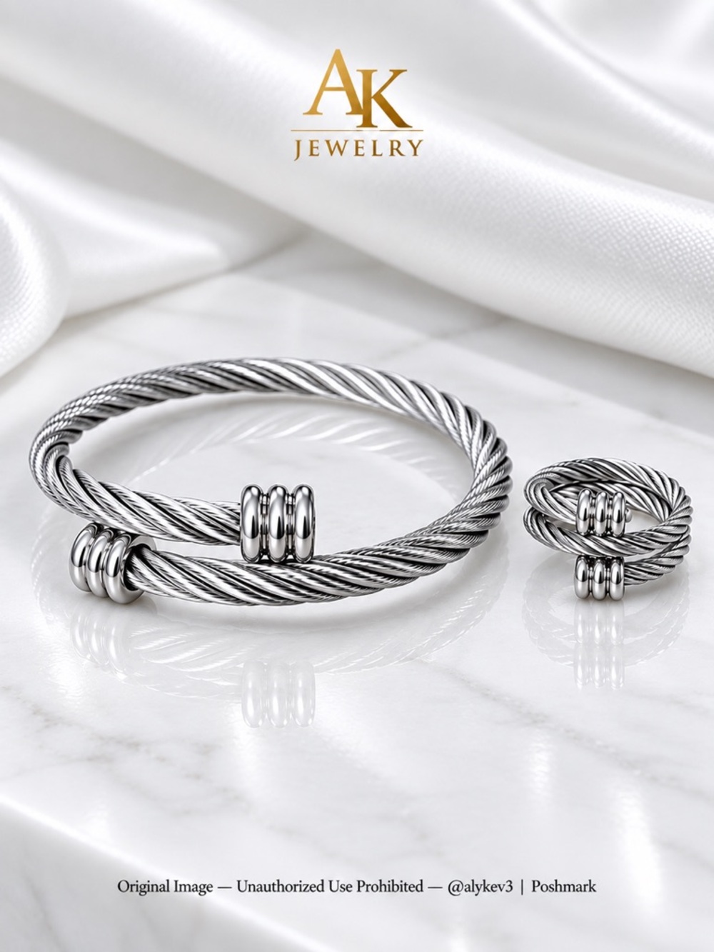 💎LUXURY 18k Silver Twisted Cable Bracelet & Ring Set | by AK Jewelry™
